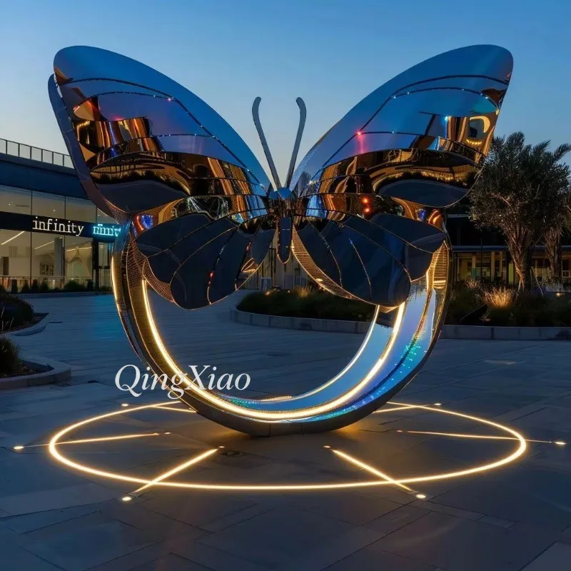 Custom Polished Stainless Steel LED Luminous Butterfly Sculpture Indoor Outdoor Decoration Ornament For Courtyard Park Landscape