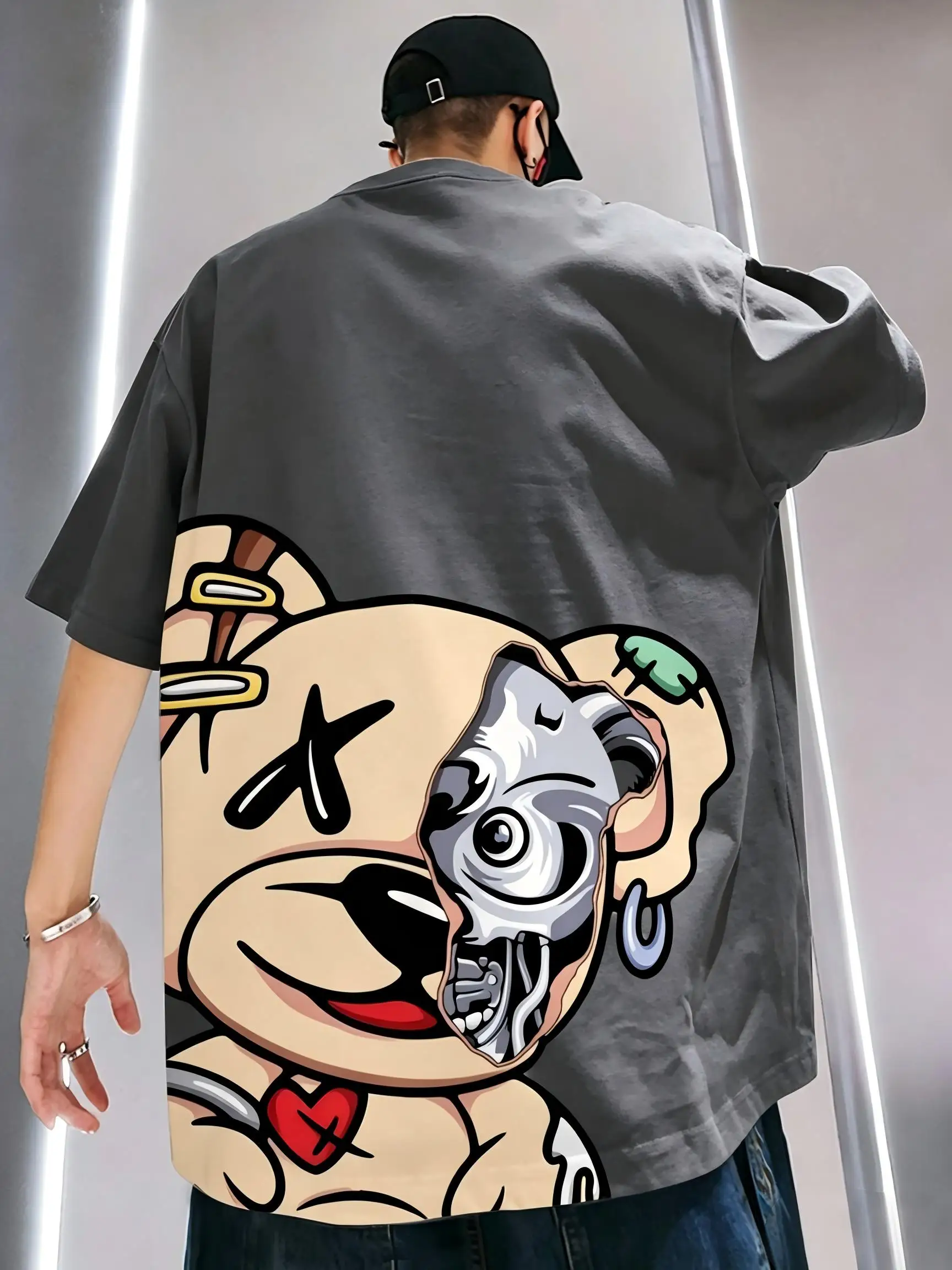 American men's summer semi mechanical teddy bear print micro elastic breathable round neck T-shirt outdoor urban casual top