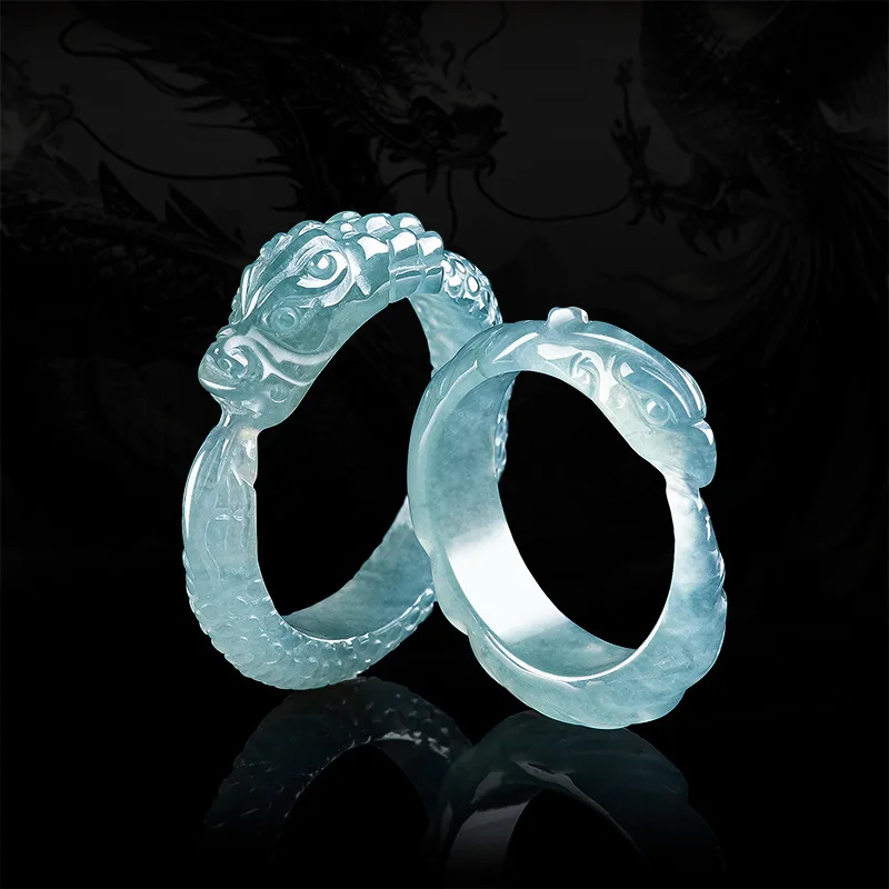 Blue Burmese Jadeite Dragon Phoenix Ring Stone Talismans Vintage Accessories Luxury Amulet Real Burmese Jade Emerald