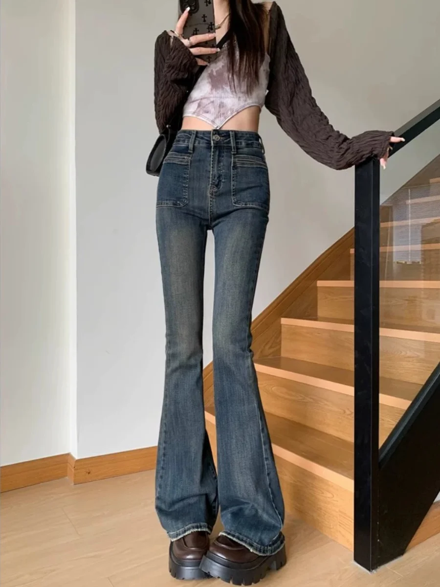 

Retro Distressed Elastic Denim Jeans Women's Spring Autumn plus Size Slimming Wide Leg Hoof Pants High Waist Long Pants