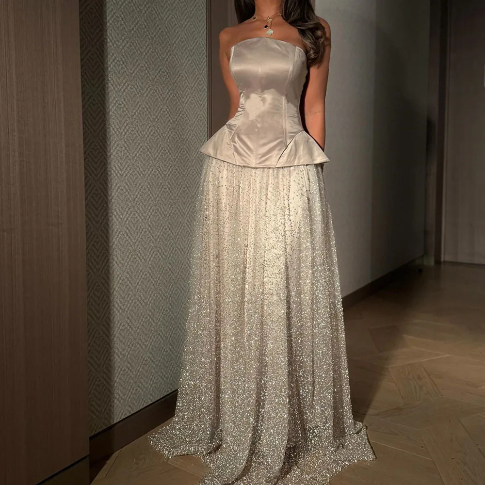 

Customized A-Line Prom Dresses Floor-Length Strapless Sleeveless Evening Gown Simple Fashion Sequined Draped Backless Party Gown