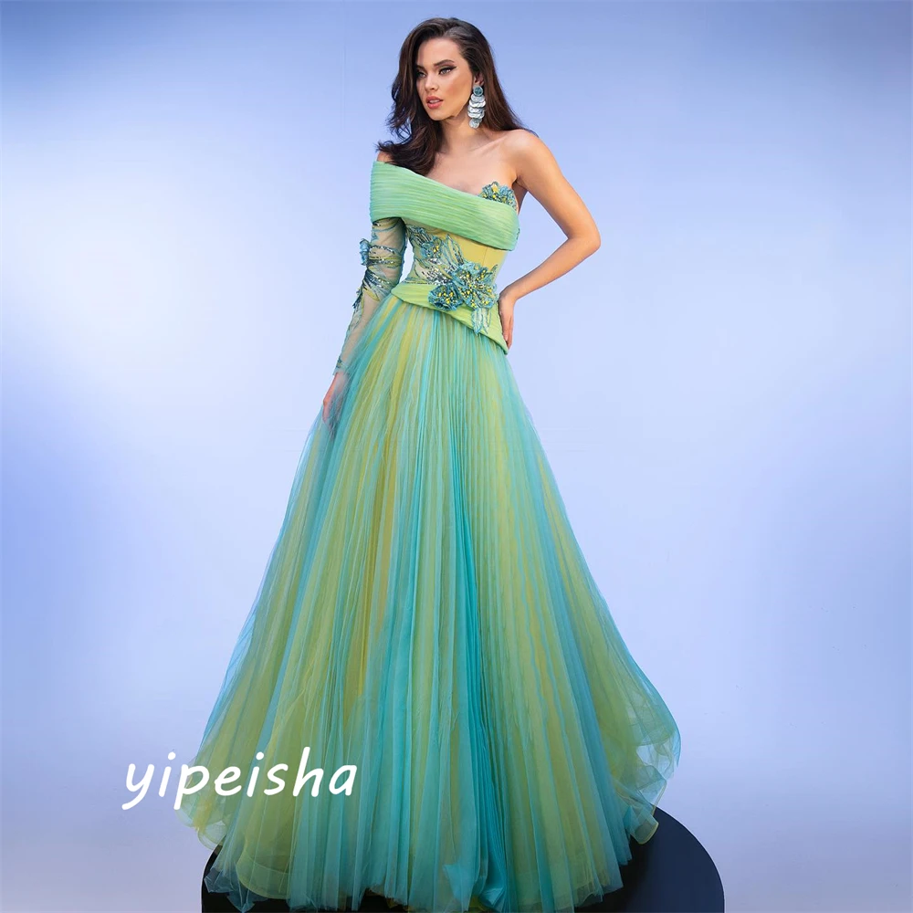 Yipeisha Matching Women One-shoulder Ball Gown Celebrity  Applique Draped Floor Length Organza Evening Vestido