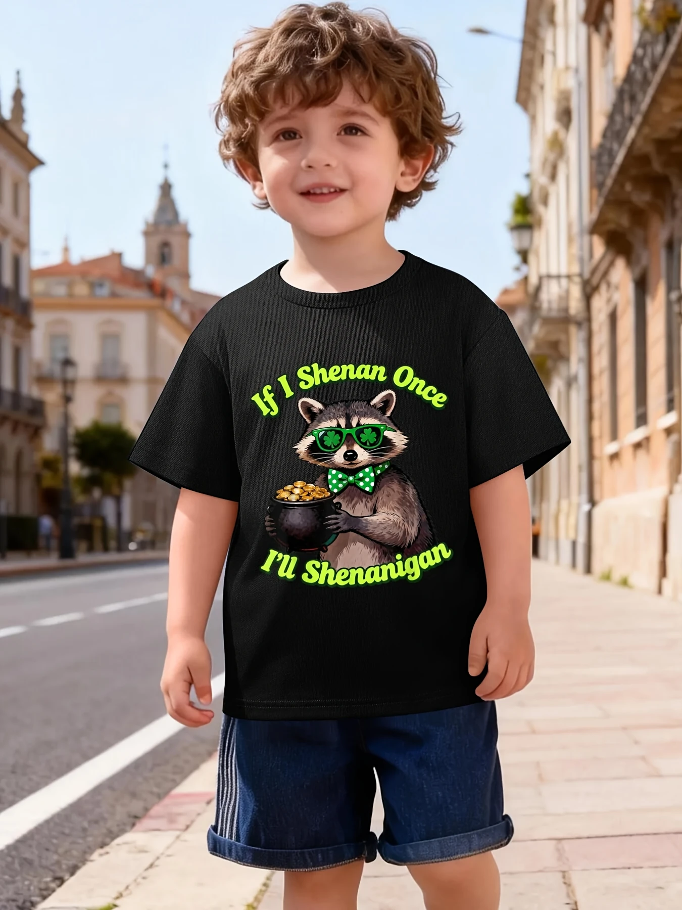 Shamrock Raccoon St Patricks Day Print T Shirt Boys Girls Holiday Short Sleeve Tee Family Matching Kids Casual Cotton Tops