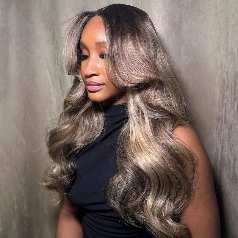 

Synthetic Hair Body Wave Wigs Gray Brown with Blonde Highlights Transparent 13x4 13x6 Lace Front Wig Closure Wig Pre Plucked