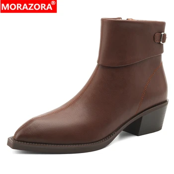 MORAZORA plus size 34-41 new cow genuine leather ankle boots for women zipper square mid heels fashion autumn winter ankle boots