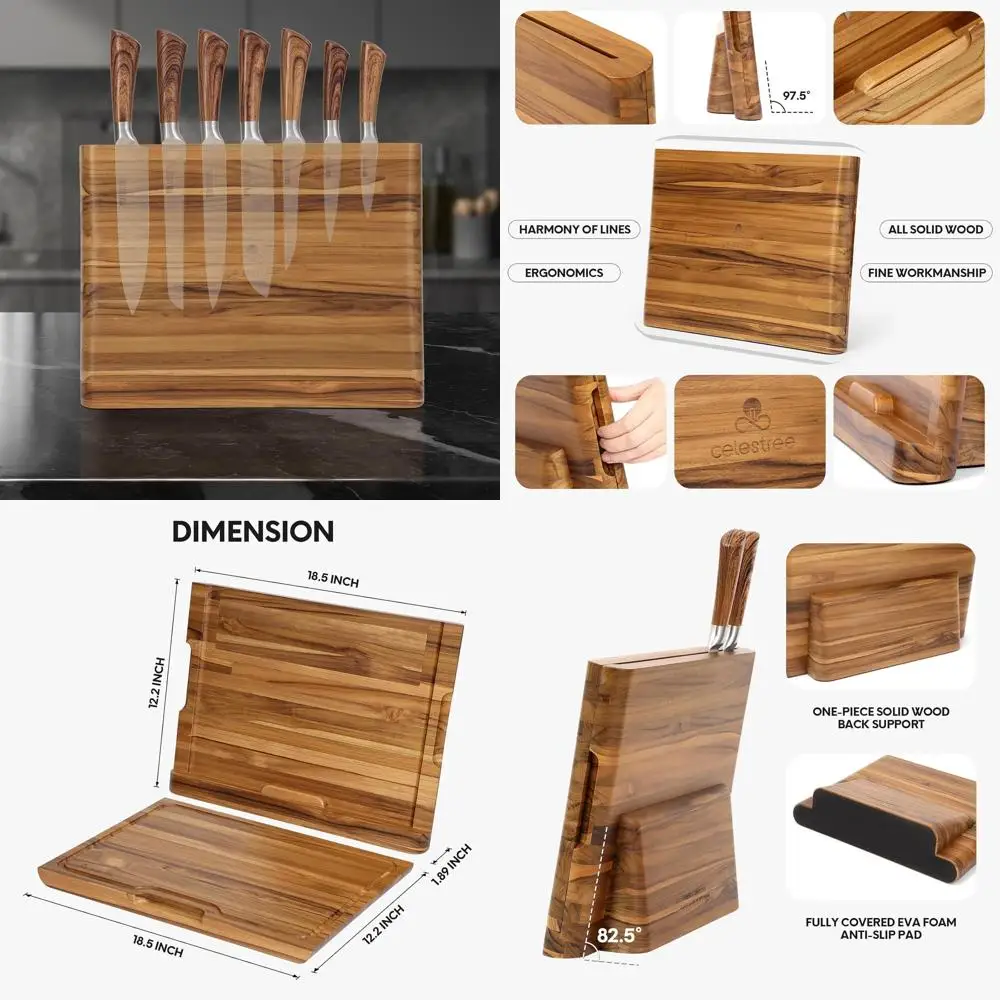 

Dual-Purpose Teak Wood Cutting Board with Built-in Magnetic Knife Rack, 16x11 Inches, for Chefs with Juice Groove and Organizer