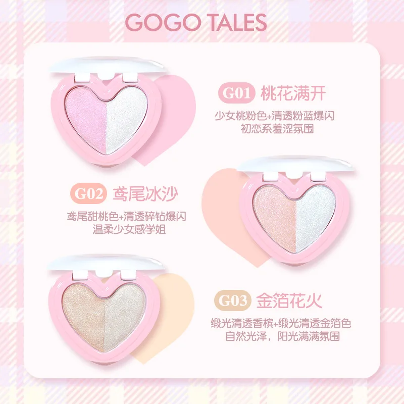 Gogotales a forma di cuore Doppi colori Ombretto lucido Acqua lucida Perla Luce Illumina il viso Trucco naturale a lunga durata