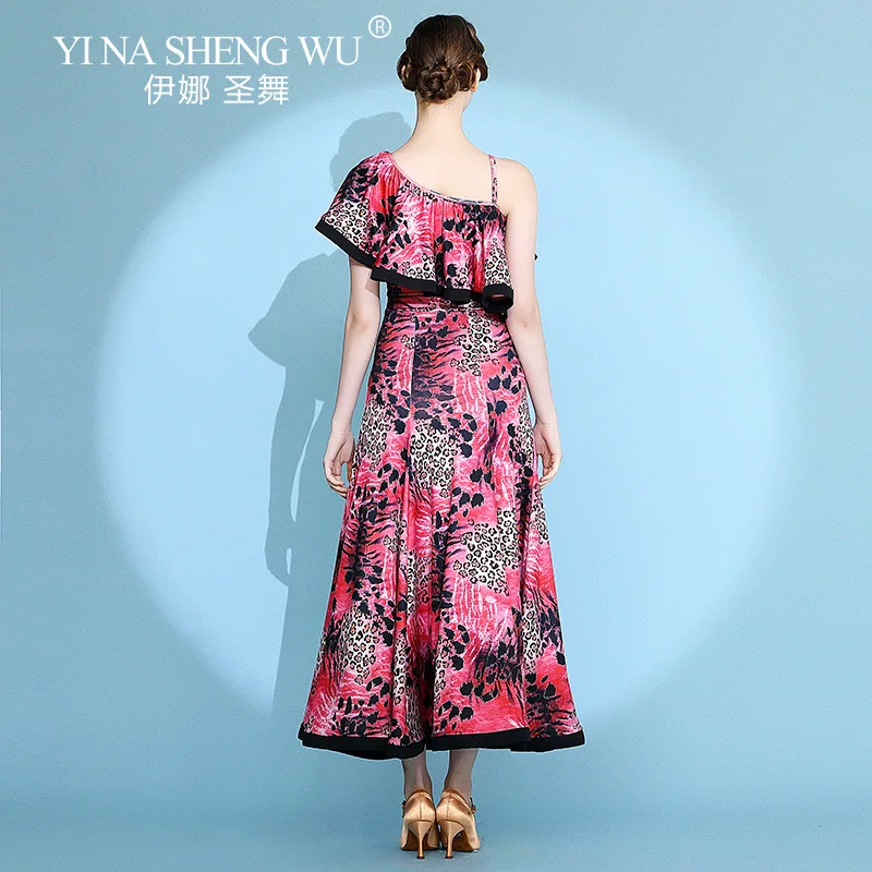 Nuovo vestito da ballo femminile Leopardo Design irregolare Vestito da tango Sala da ballo standard Valzer Concorso di danza moderna Dancewear 2 colori