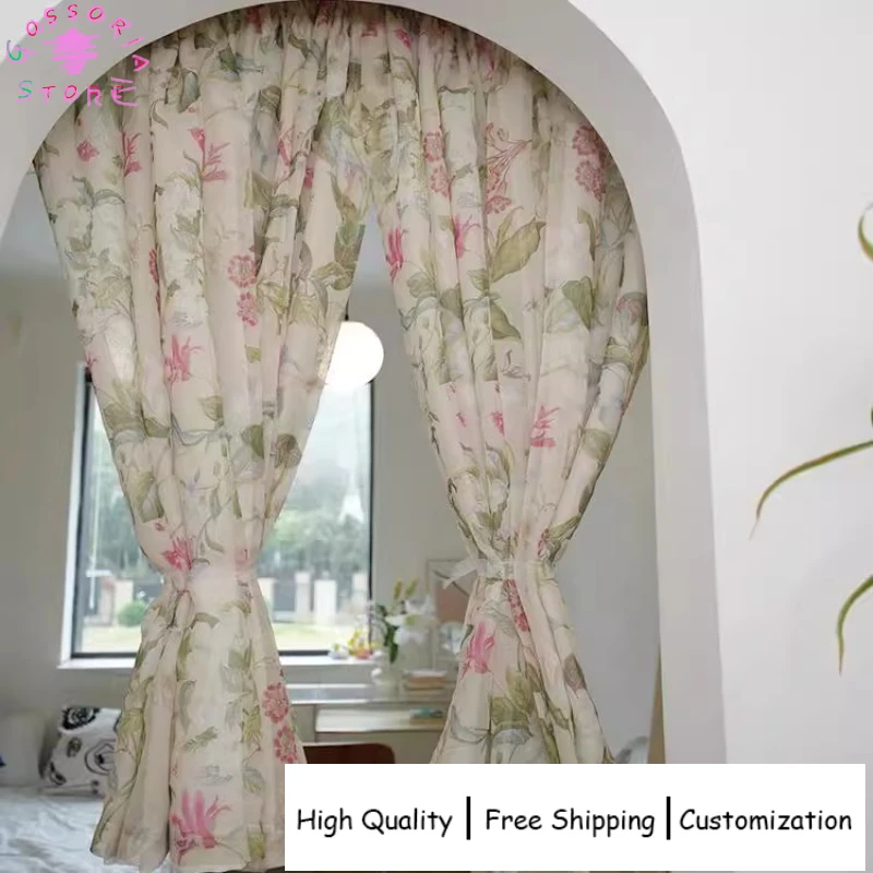 

Sample Custom Pastoral Printed Curtains for Living Room Double Layer Gauze No Holes Custom Hook Floor Standing Blackout Therma