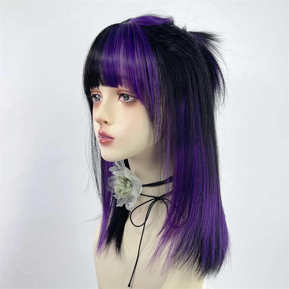 Yelowtim perruques synthétiques pour femmes longues perruques droites naturelles noir violet avec frange plate perruque colorée résistante à la chaleur de fête LM