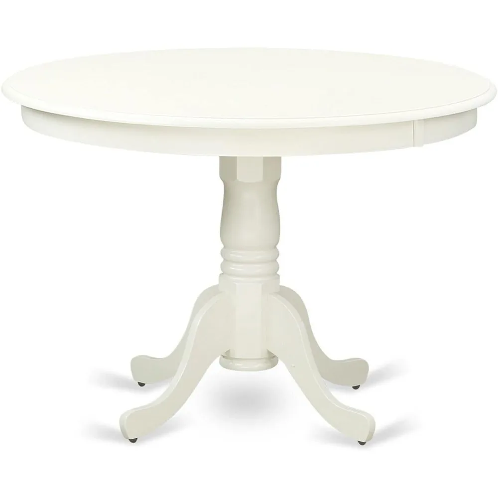 5-piece dining table and chair set consisting of a round dining table with pedestal and 4 kitchen dining chairs, linen white