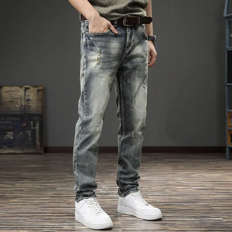 الشارع مصمم أزياء الرجال الجينز الرجعية غسلها تمتد سليم صالح ممزق الجينز الرجال Y2K التطريز خمر الدنيم السراويل Hombre