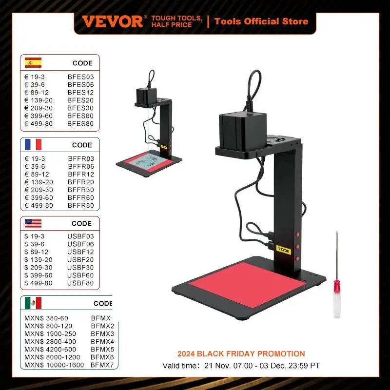 VEVOR Mini Laser Engraver with Auto-Focus Stand 100 x 100 mm Portable Compact DIY Wood Wireless CNC Engraving Machine