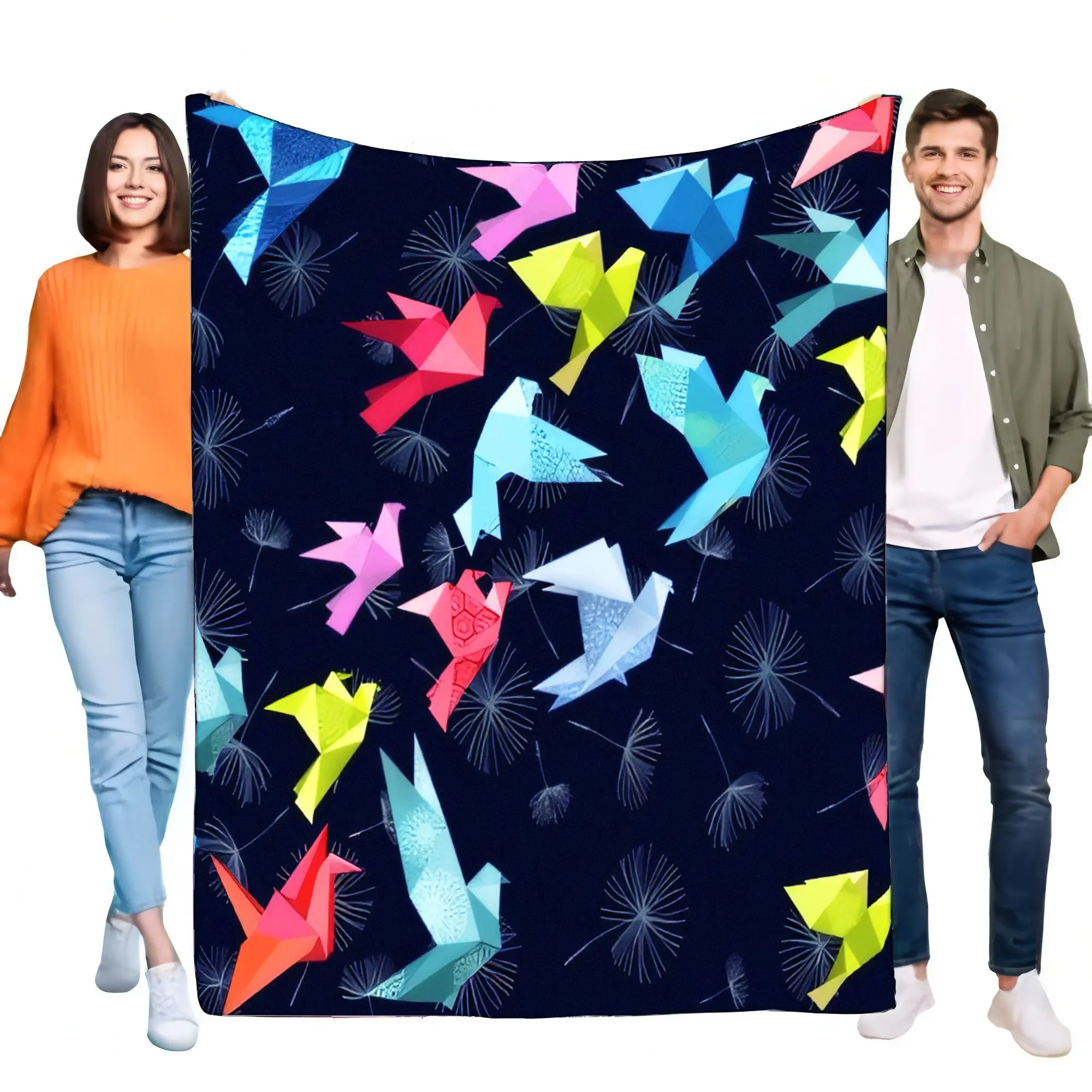 Lebendige Origami-Vögel, Löwenzahnsamen, marineblaue Fleecedecke, weich, warm, gemütlich, Überwurf für Bett, Sofa, Wohnzimmer, Heimdekoration, Geschenk