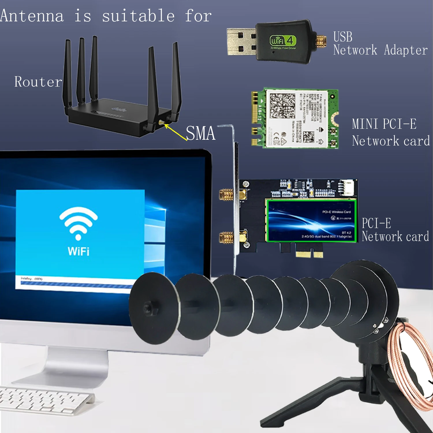 Imagem -05 - Wifi Yagi Direcional Antena Sinal Aprimorado Notebook Desktop Computador Computador Usb Placa de Rede sem Fio Adaptador Pcie 16dbi 2.4ghz