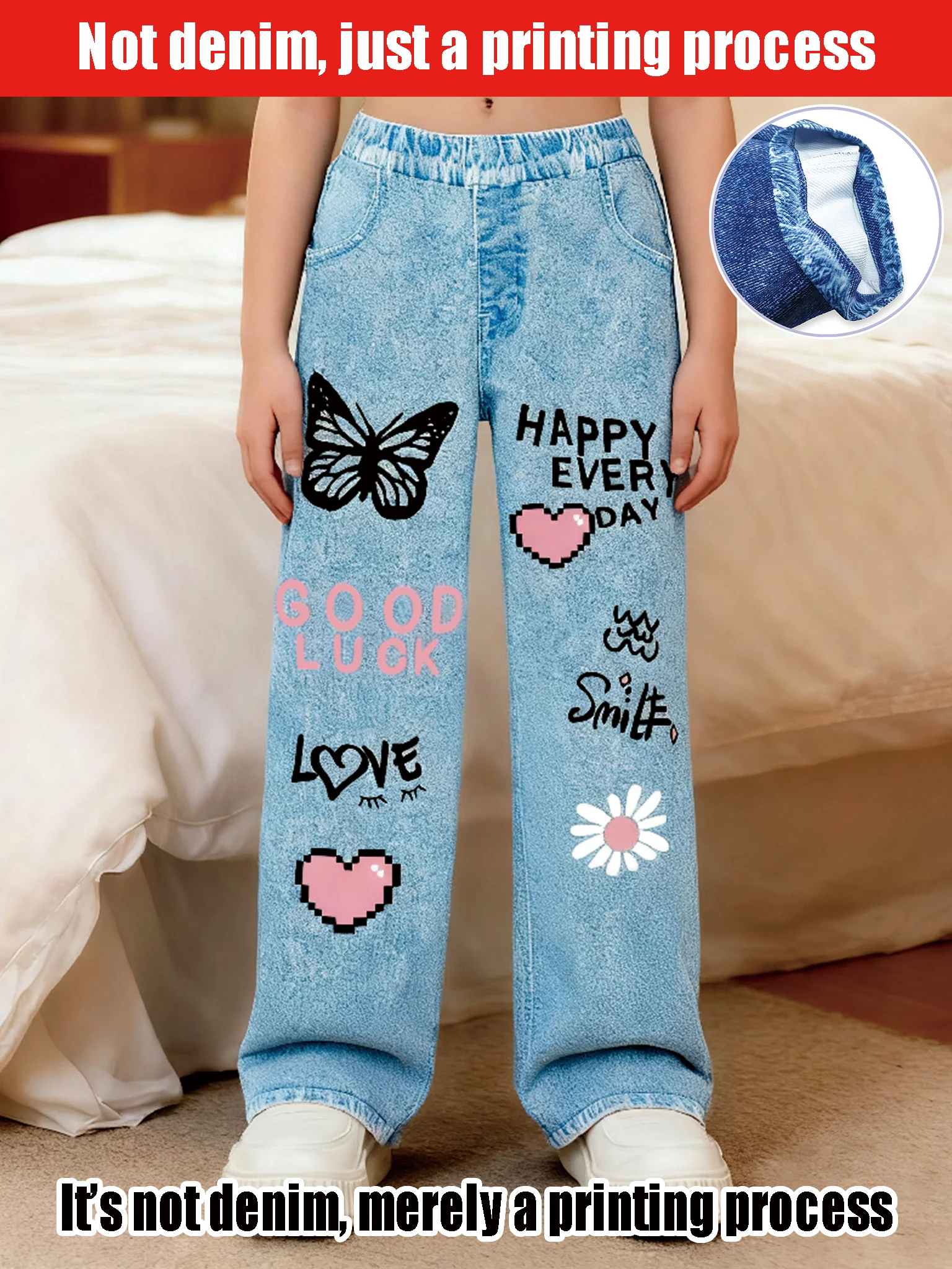 

2025 Girls Fashion Casual Printing, Daily Versatile Imitation Denim Fabric Wide-leg Comfortable Elastic Waist Trousers
