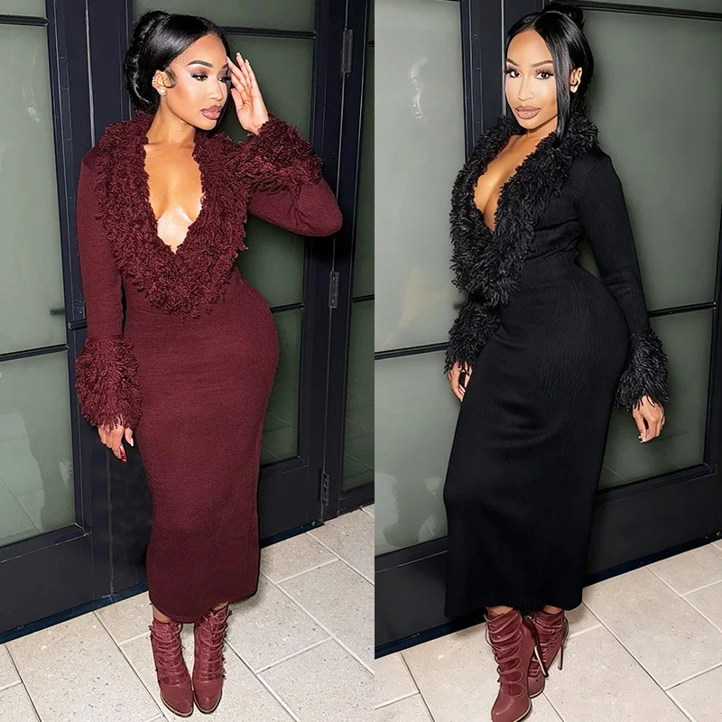 

Knitted Fringe Dress Evening Club Wear Dresses 2025 Women Fall Winter Luxury Outfits Sexy Bodycon Long Party Crochet Dress