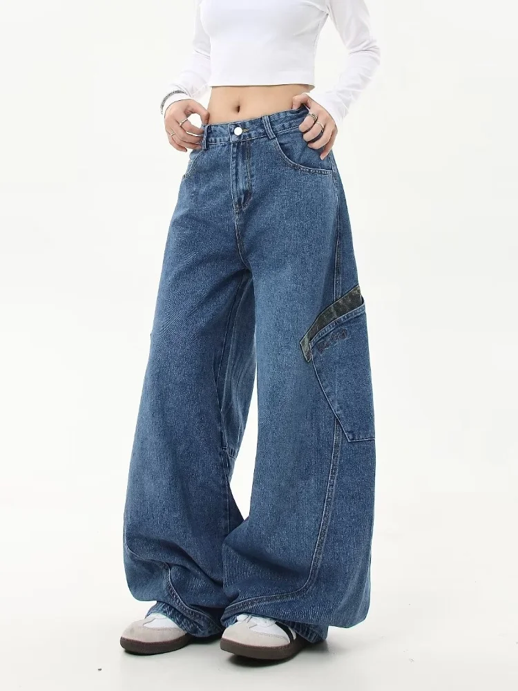 Streetwear New Fashion Blue Scratch Baggy Jeans Women Y2K Harajuku Hip Hop Popular Casual Gothic High Waist Wide Leg Trousers