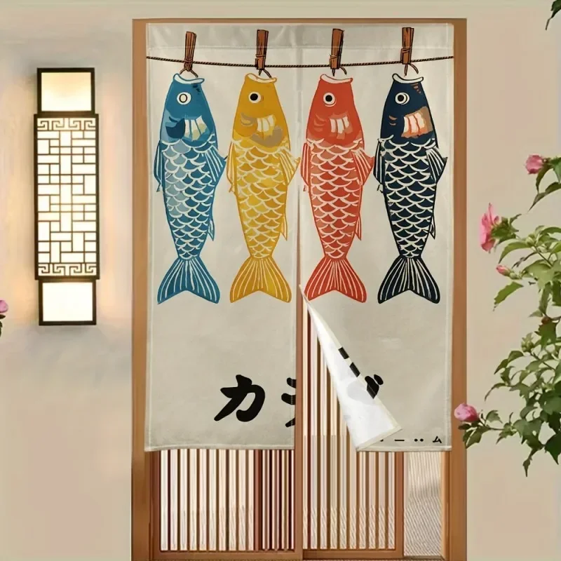 VIKAMA Japanese Style Warm Curtain Door Curtain Attracts Wealth, Cat Carp Print Partition Curtain Kitchen Bathroom Home Decor