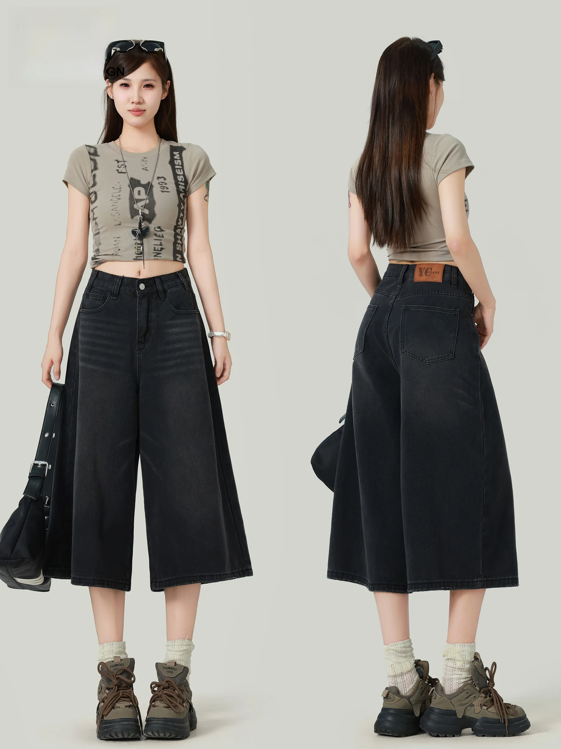 

Джинсы женские с высокой талией, свободного кроя, укороченные (7/8), в повседневном стиле, черные/серые, летние, новинка, широкие брюки с эффектом похудения