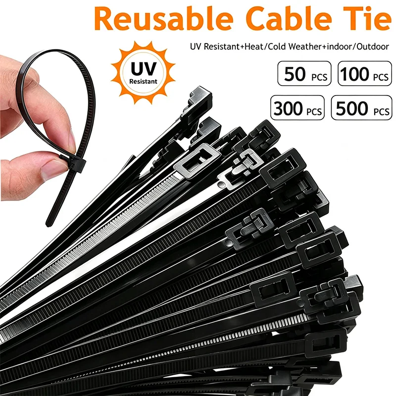 100/300/500pcs Nylon Cable Ties Reusable Releasable Self Lock Office Zipties UV Outdoor Heavy Duty Cable Management Plastic Ties