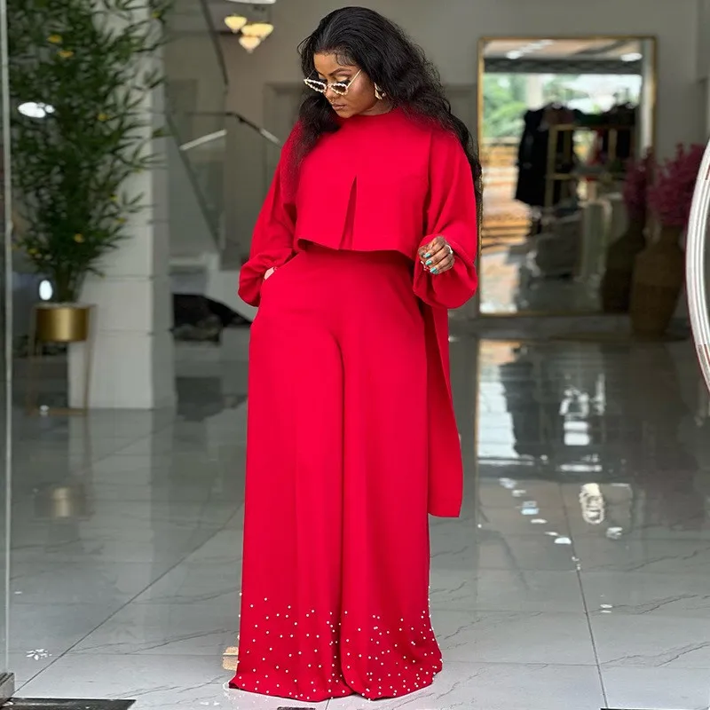 2 Set Summer Season Fresh Sweet Style Women Sets with Long Pants Full Length Lantern Sleeve Cross Border Casual Occasion