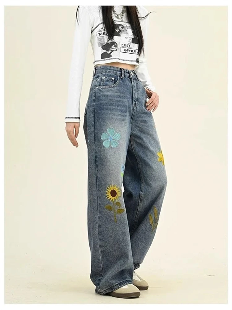 

Women's Flower Petal Embroidery Pattern Blue Jeans Casual Trousers Cool Girl Bottoms Female High Waist Wide Leg Denim Pants