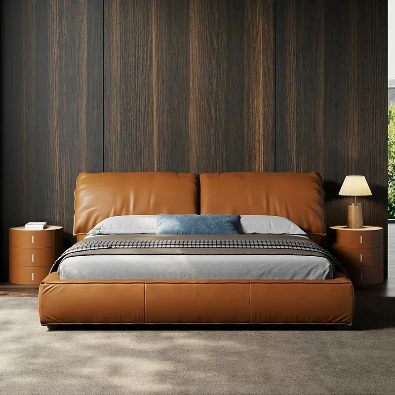 Leather bed elephant ears double bed wedding bed first layer cowhide master bedroom double