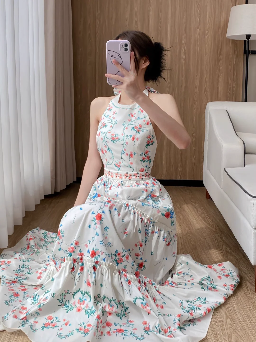 

Women Flower Print Midi Dress Backless Halter Neck Sleeveless High Waist Casual Female 100% Cotton Robe