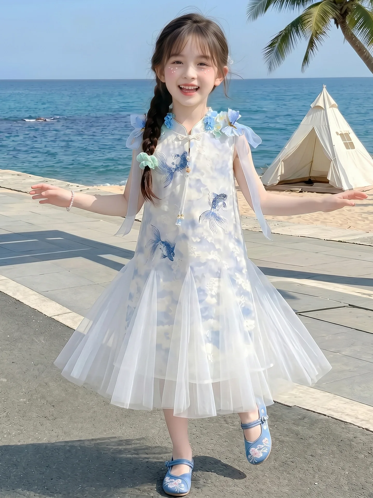 

2026 New Baby Summer Girls Teenaege Blue Floral Mesh Dress, Princess Kids Sweet Fashion Party Dress 5-12 T