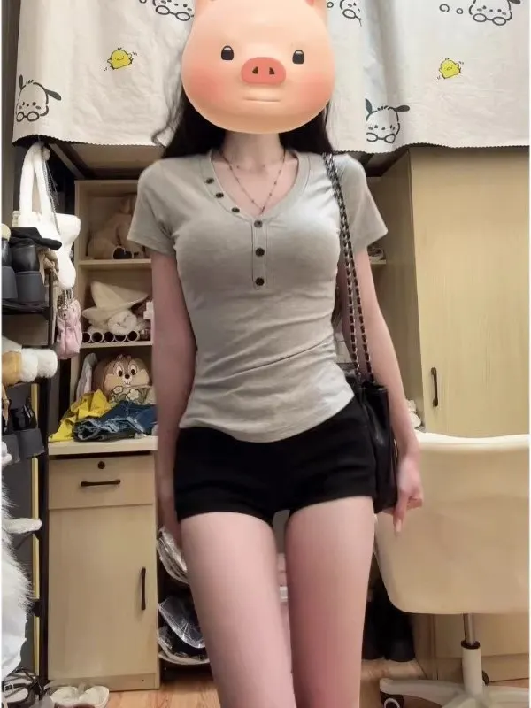 Camiseta de Verano, Corte Ajustado, Cuello en V, Estilo Coreano, Informal, para el Trabajo, de Algodón y Poliéster, Regular, Delgada