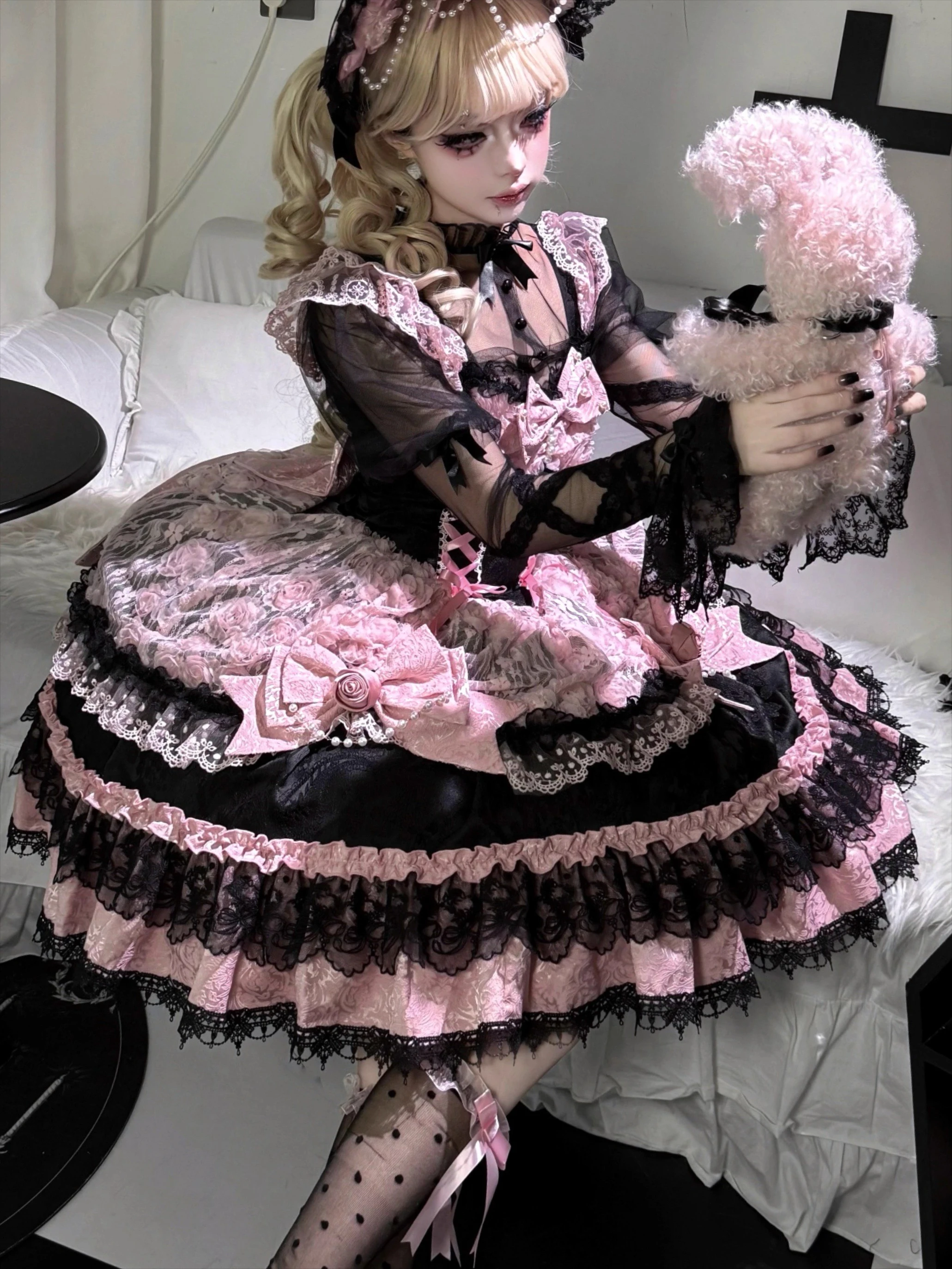 

Original Dark Lolita Princess Puff Dress Birthday Dress for Women Sweet Girl Bow Flower Printed High Waist JSK Strap Dresses