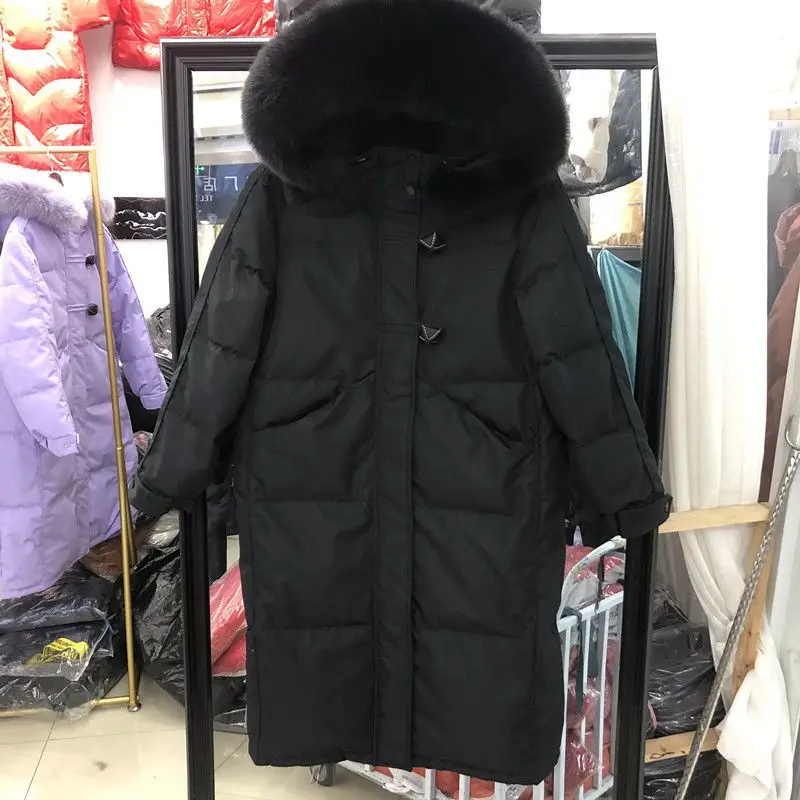 European Winter New Women Down Jacket with Medium Length Large Fur Collar Hooded White Duck Down Jacket Parkas