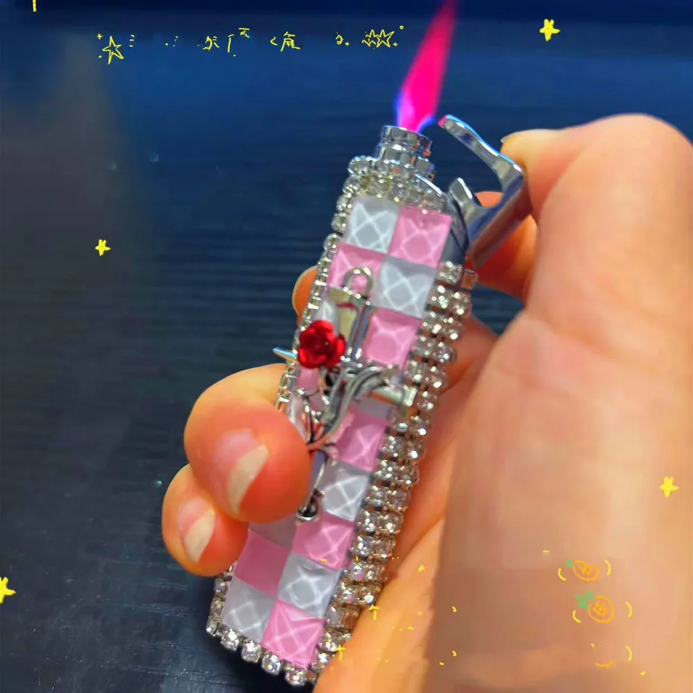 DIY Rhinestone Lady Turbine Direct Injection Transparent Flame Lighter Cigarette Accessories Small Gift for Stylish Smoking