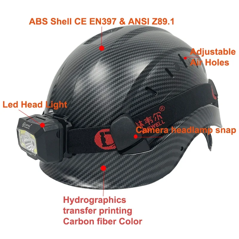 Carbon Fiber Color Safety Helmet With Led Head Light CE EN397 ABS Hard Hat ANSI Industrial Work At Night Head Protection