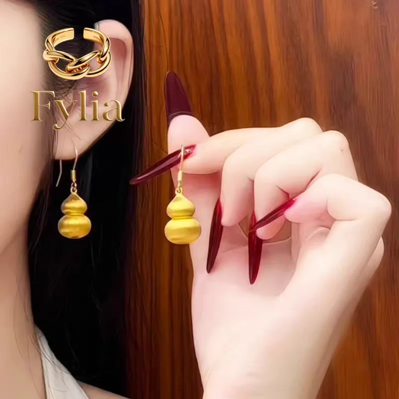 Fylia Jewelry   Brushed Gourd Earrings Women's 24K Gold AU999 - Smooth hook, burr-free, comfortable & anti-fall