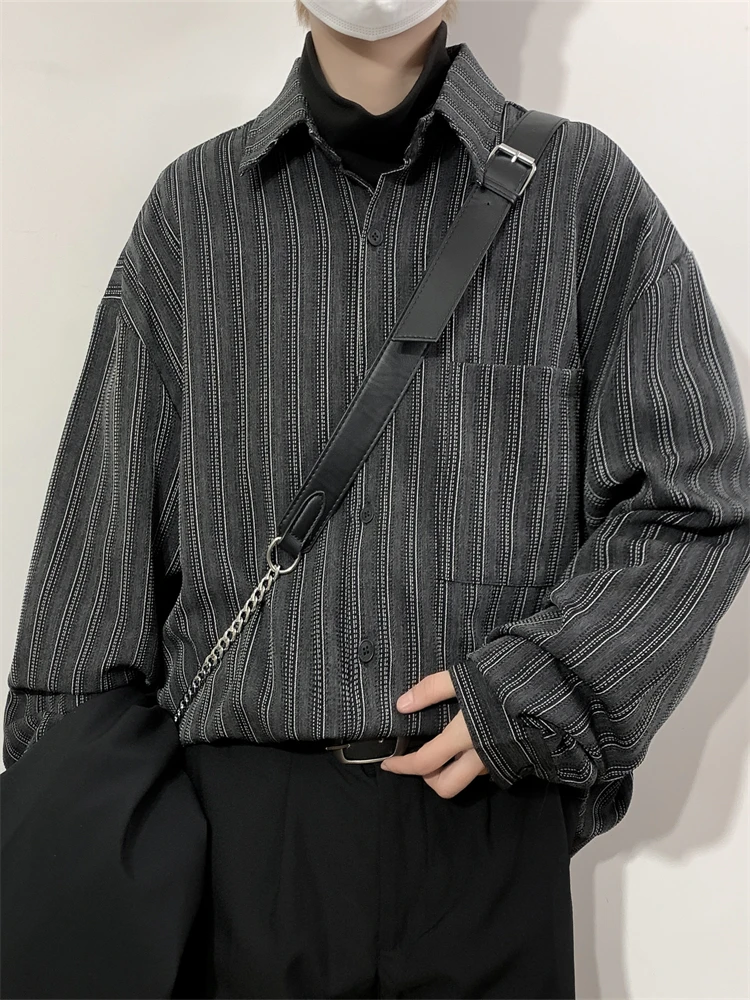 

Loose Men's Long Sleeve Striped Shirt American Retro Style Base Layer Shirt Trendy Brand Casual Fashion Autumn Spring Wear