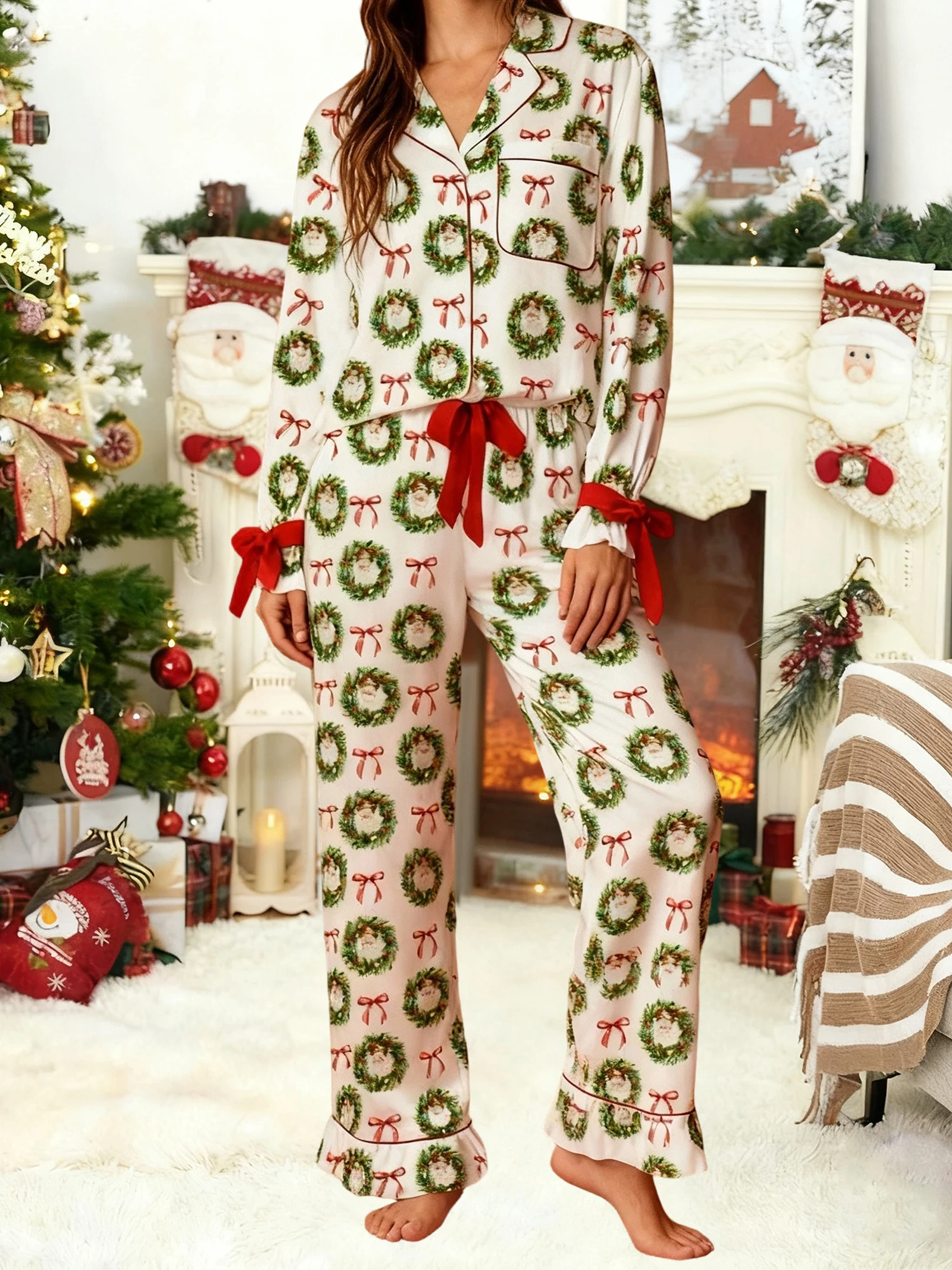 Conjunto de pijama navideño para mujer con estampado de corona festiva, camisa de solapa de manga larga y pantalones acogedores, conjuntos de ropa de dormir para una alegría