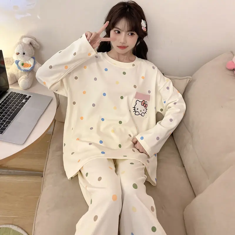 

Kawaii Hello Kitty мультфильм пижамный комплект большого размера Sanrioed женский Kawaii аниме My Melody весенняя хлопковая домашняя одежда милая ночная рубашка
