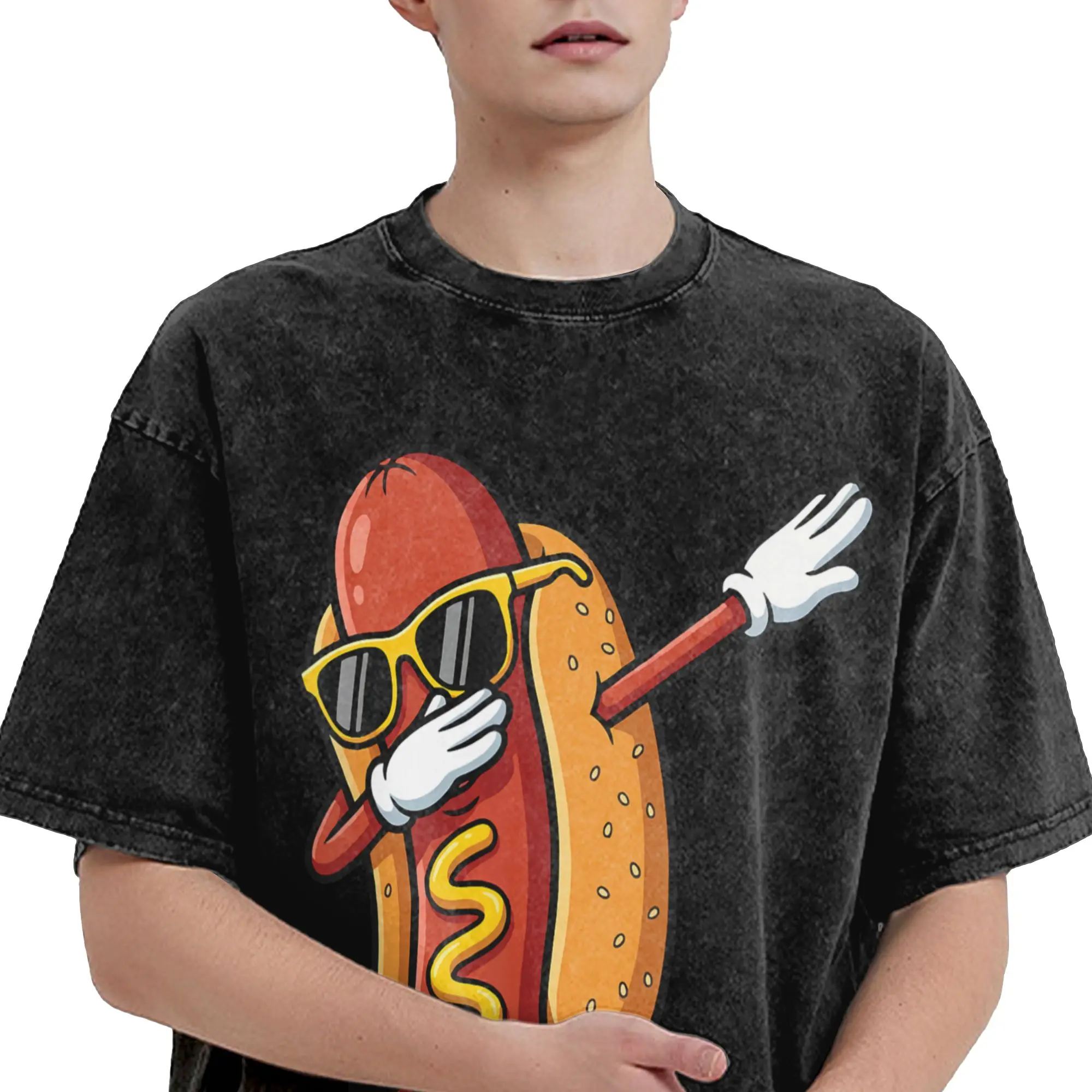 Harajuku Washed Shirts Hotdog Dabbing Hot Dog  Outfit Vintage T-Shirts Harajuku  Streetwear 100% Cotton Printed Tee Shirt