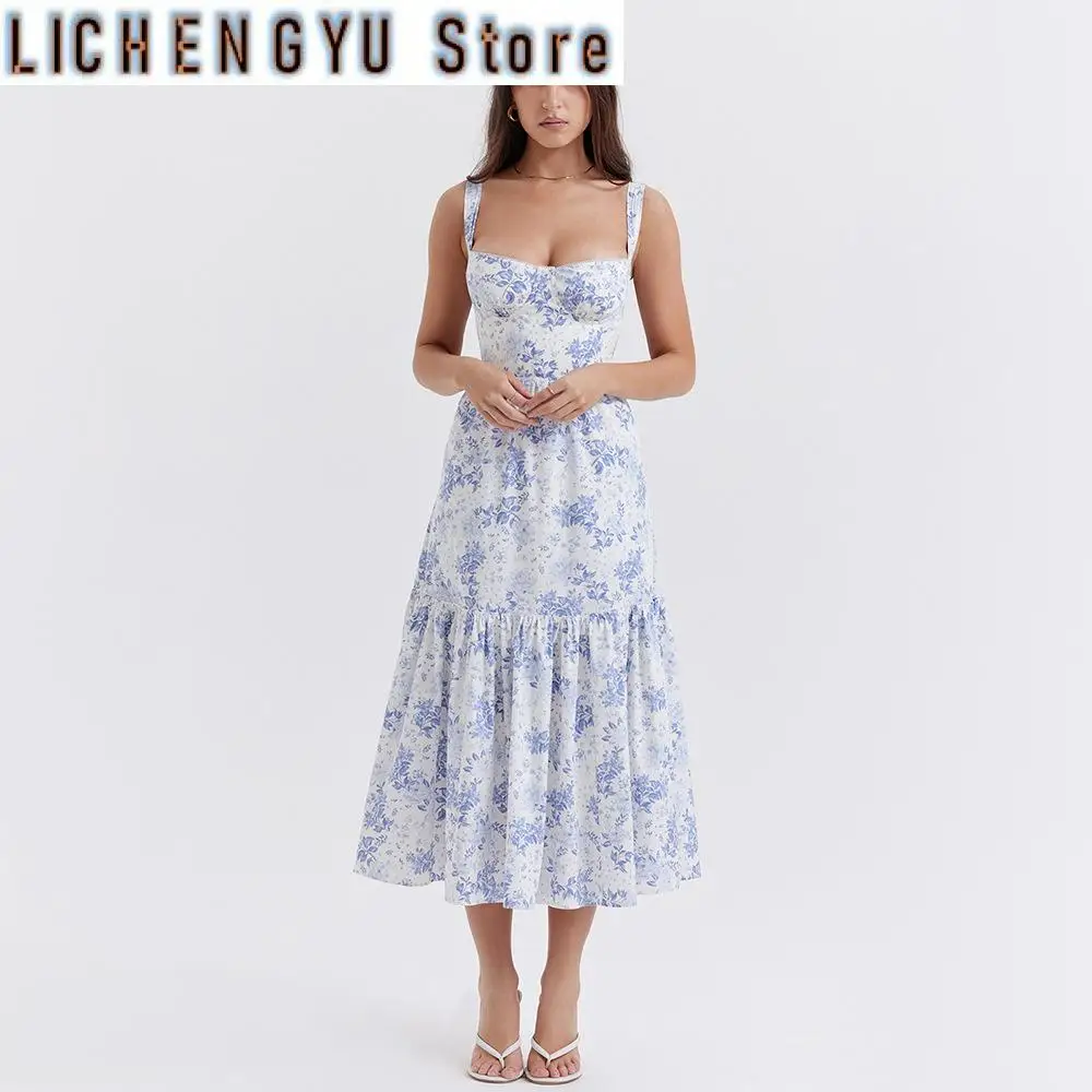 Summer Spaghetti Strap Midi Dress Elegant Casual Floral Print Holiday Party Dress with Pocket Women's Clothing