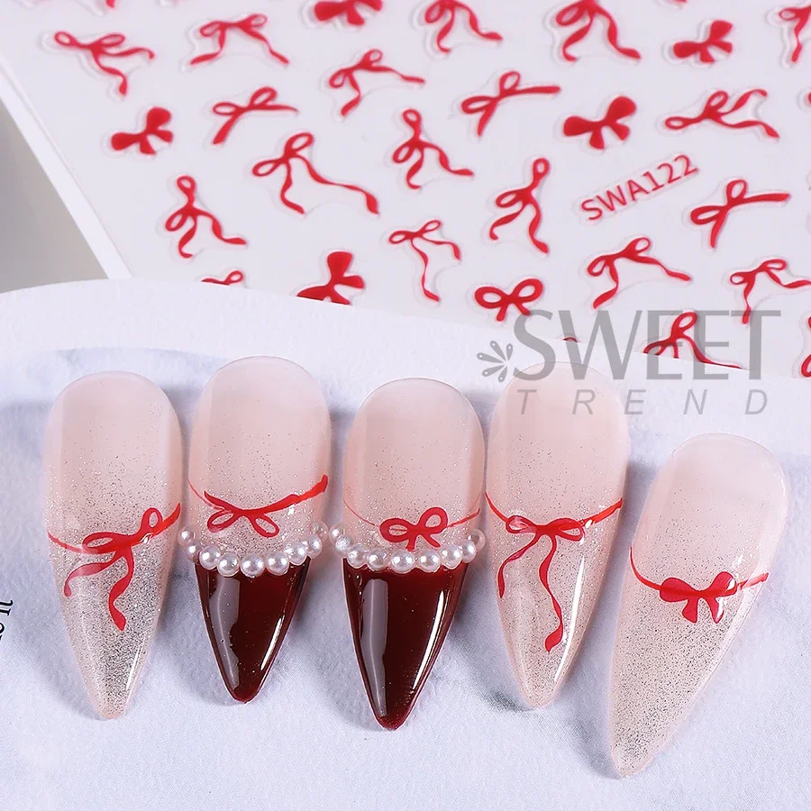 4pcs Bowknot สติกเกอร์เล็บกาวริบบิ้นลูกไม้โบว์ออกแบบเล็บสติ๊กเกอร์ Sliders DIY ตกแต่งเล็บหรูหรา