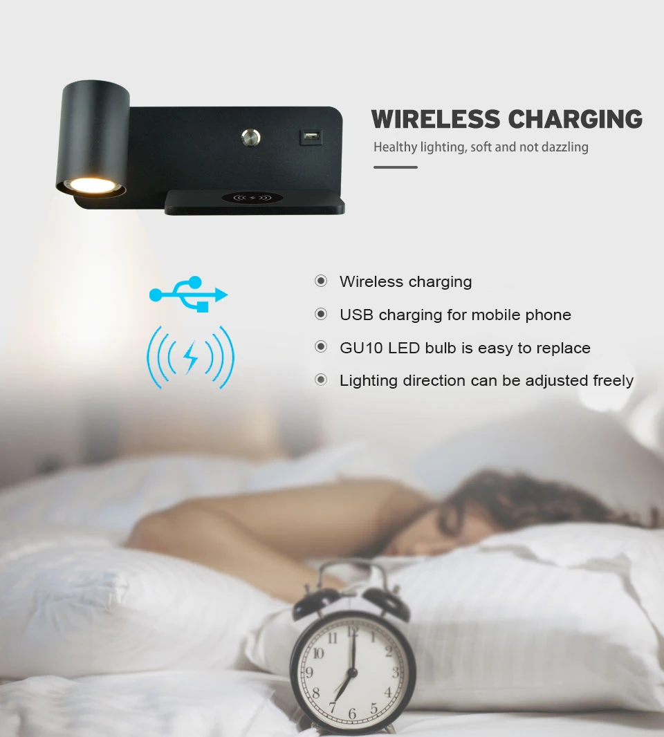 FÜHRTE Wand licht Innen Lesen Wand lampe Handy Drahtlose Lade und USB Lade Wand lichter Schlafzimmer Nacht lampen – Detail 5