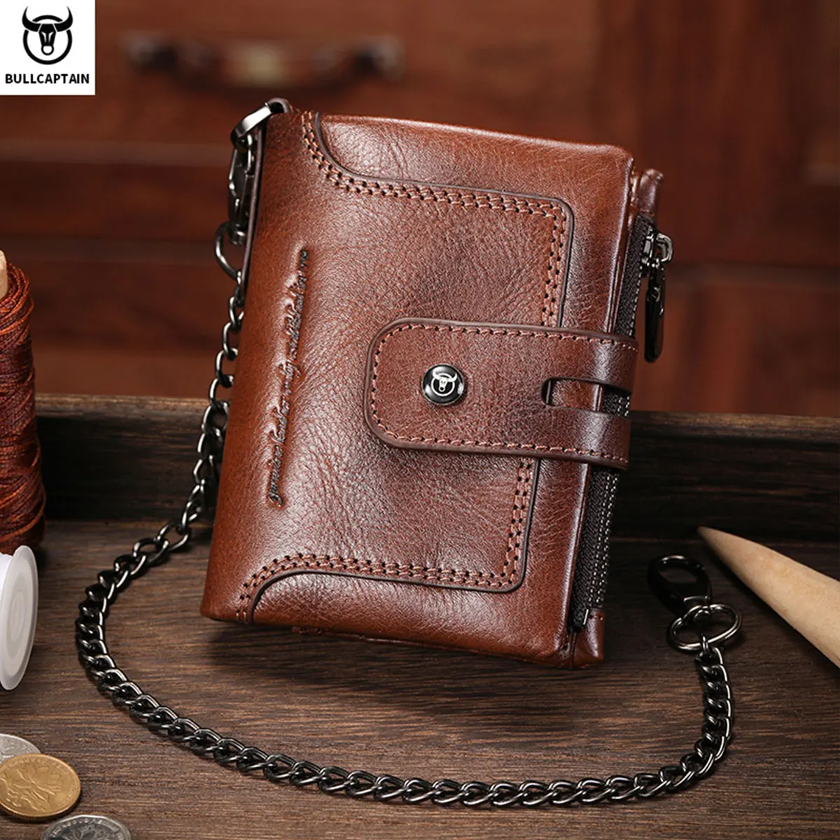 BULLCAPTAIN Genuine Cowhide Leather Men Wallet Mini Card Holder Vintage PORTFOLIO Portomonee Hasp Male Pockect Purse Fashion