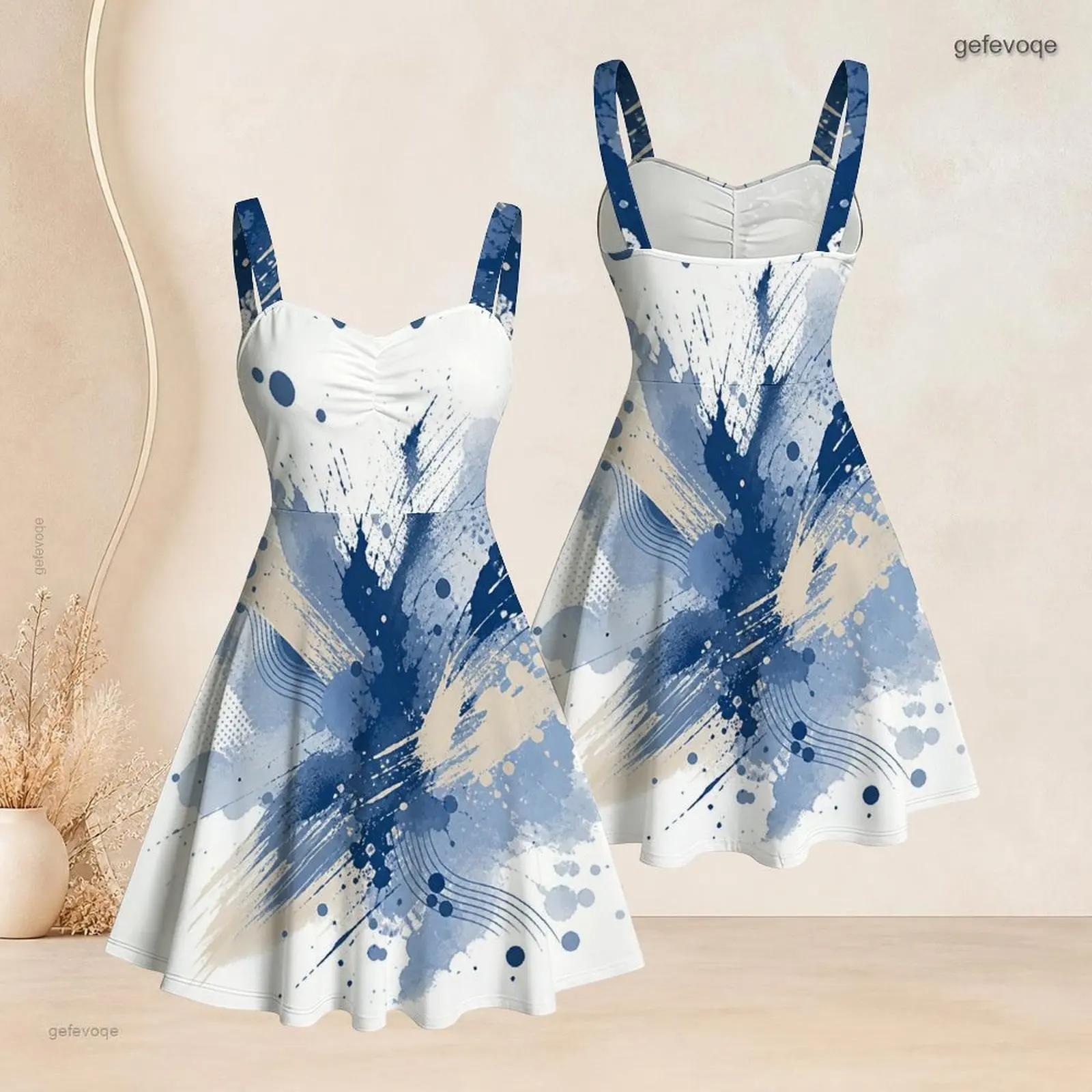 Women Sleeveless Strappy Dress, Abstract Blue Beige Ink Splash Printed Flared Hem Dress