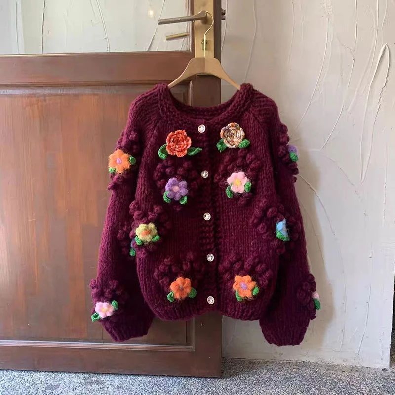 Autumn Winter Thick Single Breasted Lady O-Neck Cardigan Top 3D Dimensional Flower Decoration Women's Retro Sweater Coat