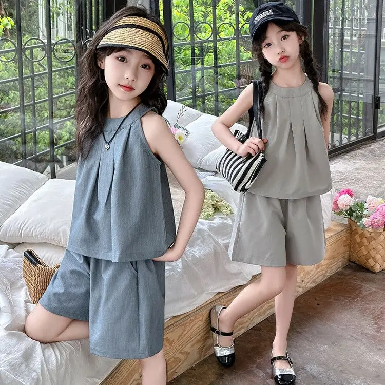 Girls Summer Set New Chinese Style Campus Sleeveless Cool Comfortable Shorts Super Cute Five Point Outer Wear