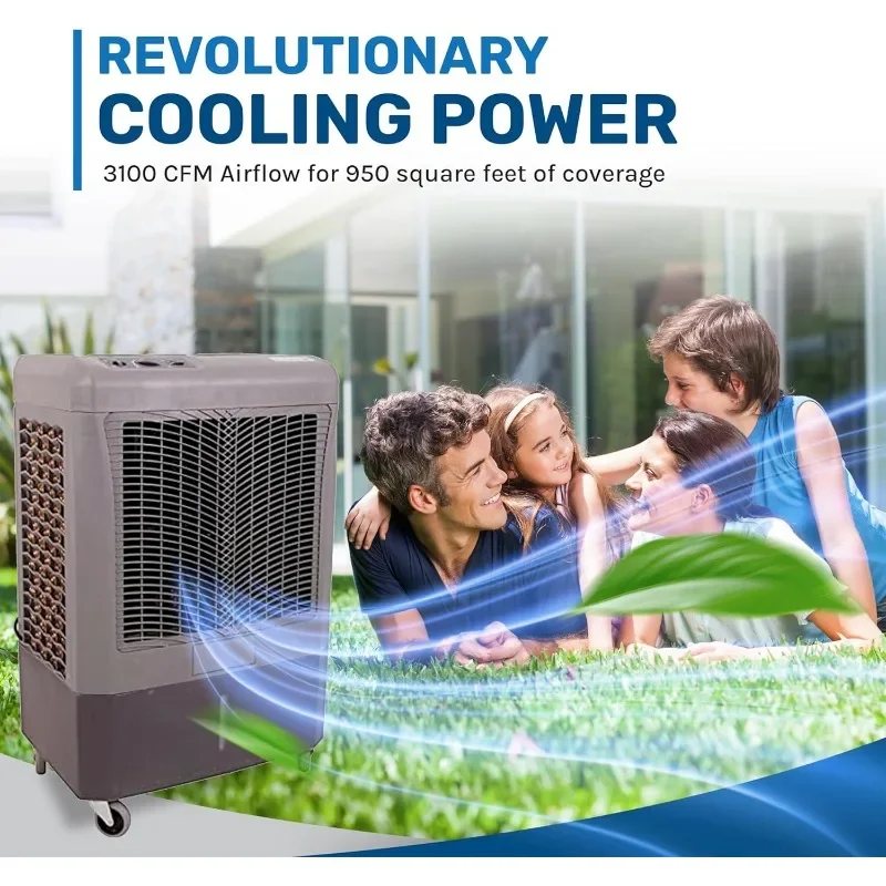 Swamp Coolers-Refroidisseur d'air par évaporation avec ventilateur à 3 vitesses, refroidisseur d'eau, 3100 CFM, MCino M, couverture reproductrice de 950 pieds