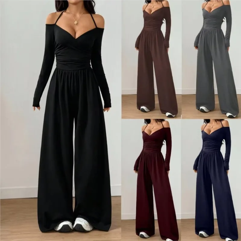 Casual Jumpsuits For Woman Jumpsuit All-match Women's Clothe Simple Style Neck Halter Off Shoulder Solid Color Long Sleeves