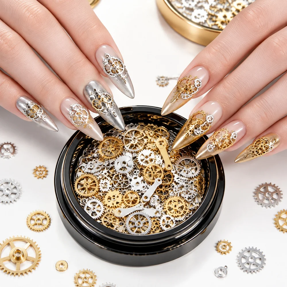 120Pcs Retro Metal Nail Charms Steampunk Gold Silver Gears Cogs Clock Watch Hands Screws Rivet 3D Nail Studs DIY Nails Decor